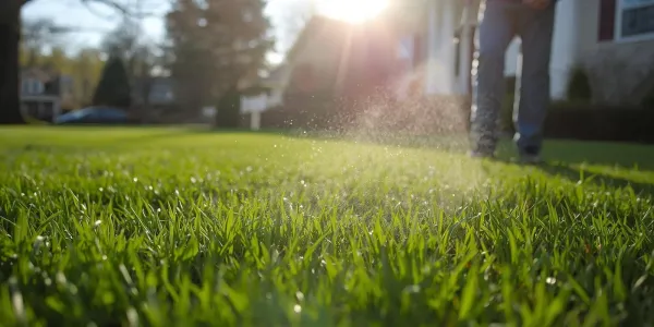 technician spraying a green lawn for weed control
