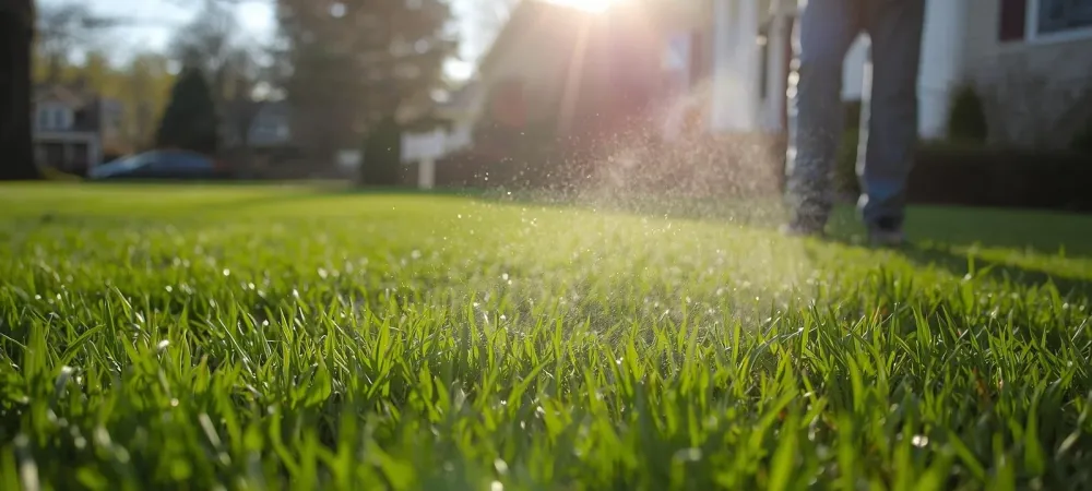 technician spraying a green lawn for weed control